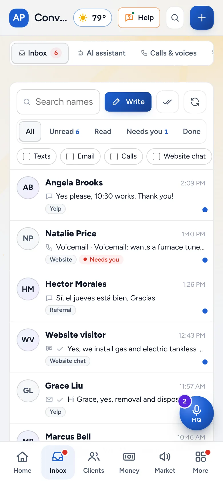 TradeIQ on a phone: the conversations inbox